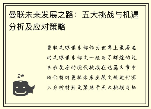 曼联未来发展之路：五大挑战与机遇分析及应对策略